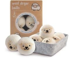SnelShoppen - Wool Dry Balls - 6 Stuks, 100% Natuurlijk Wol, Snellere Droogtijd, Schattig Dierontwerp, Maakt Was Zacht, Opbergdoos Inclusief, Wit