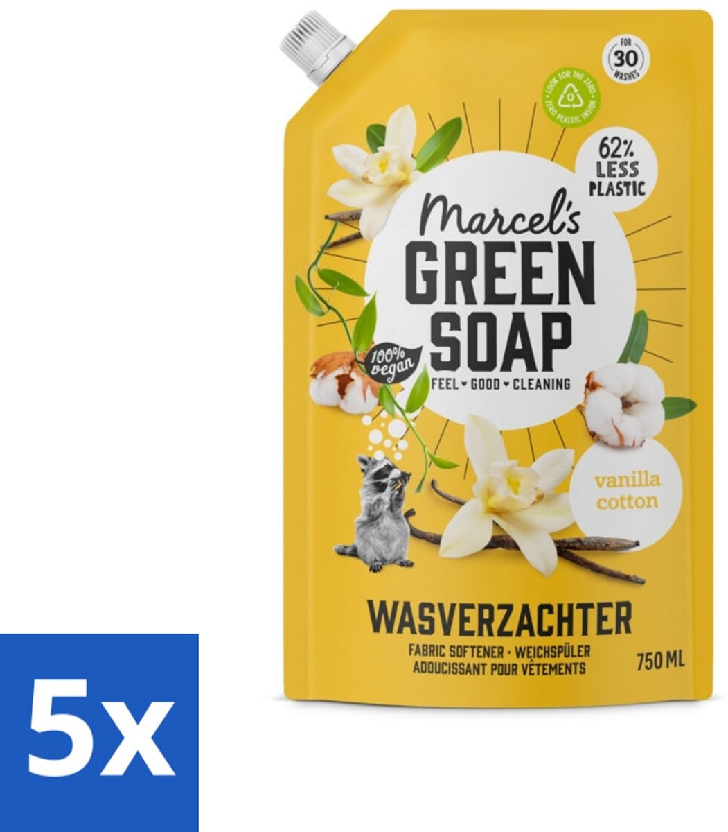 5 x Marcel's Green Soap - Wasverzachter - Navulling - Katoen & Vanille - Zachte frisheid- 30 Wasbeurten - 750 ml - Wasverzachter - Wasverzachter Navulling - Wasverzachter Katoen - Wasverzachter Vanille - Wasverzachter Milieuvriendelijk — afbeelding 1