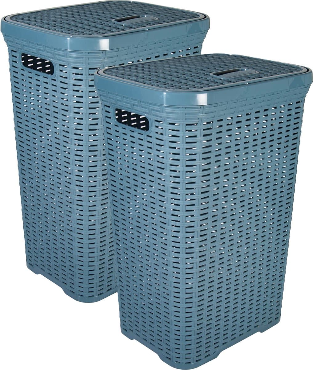 Hega Hogar Wasmand met deksel Rotan - 2x - denim blauw - gevlochten kunststof - 60 liter - 34 x 43 x 62 cm — afbeelding 1