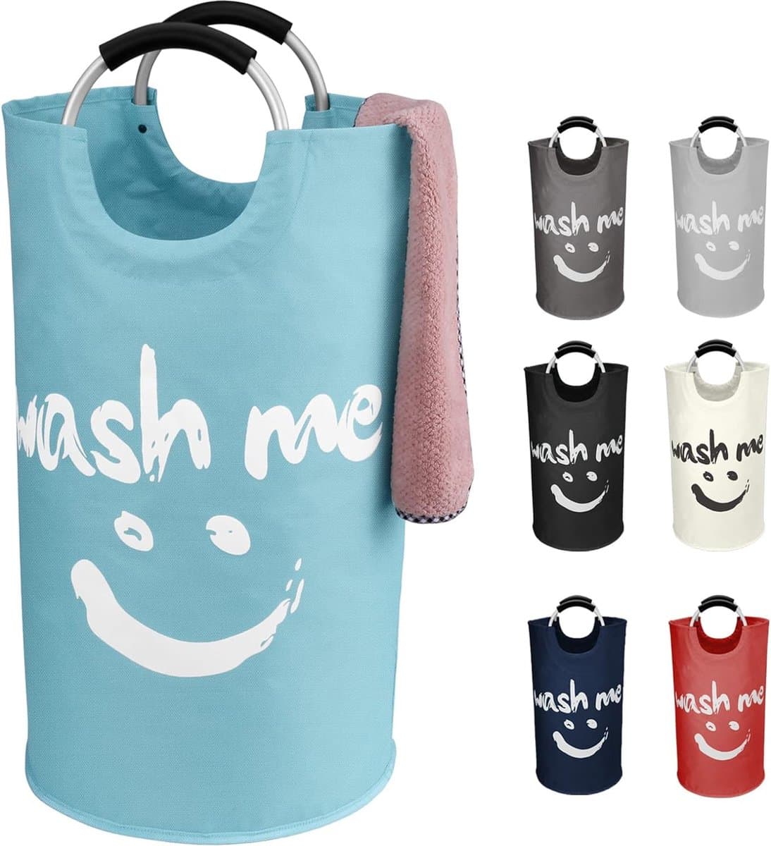 Opvouwbare wasmand 91L, grote wasmand, wasmand, stoffen waszak met handgrepen, handdoekopbergmanden voor hotels - wassorteerder, opbergmand met Wash Me Smiley 38x38x72cm (blauw) — afbeelding 1