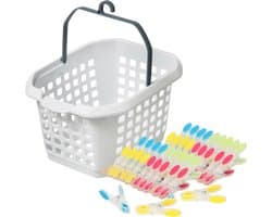 Wasknijpers ophang mandje/bakje - wit - met 40x plastic soft grip knijpers