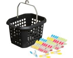 Wasknijpers ophang mandje/bakje - zwart - met 40x plastic soft grip knijpers