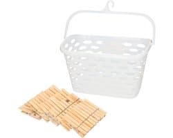 Wasknijpersmandje met haak - wit - en 100x houten wasknijpers 7 cm - was ophangen