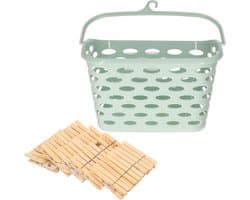 Wasknijpersmandje met haak - mintgroen - en 100x houten wasknijpers 7 cm - was ophangen