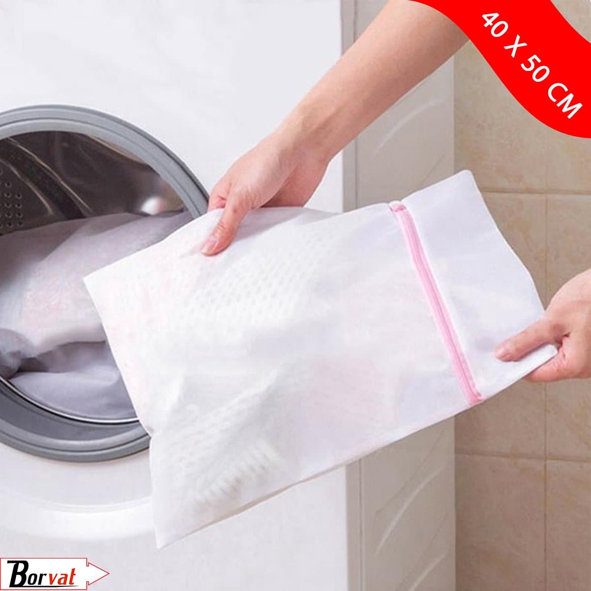 Borvat® | Waszakje | Wasnetje | Waszak groot | 40 x 50 cm | Waszakken | Waszak met rits | Waszak lingerie | lingerie | sokken | wit — afbeelding 1
