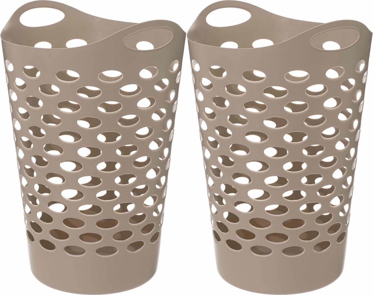 5Five Flexibele wasmand/opbergmand - 2x - rond - beige - 60 liter - D41 x H66 cm — afbeelding 1