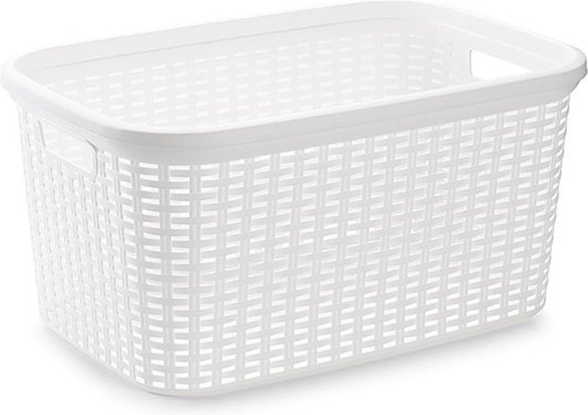 Plasticforte Wasmand - 35 liter - rotan - wit - kunststof - 53 x 36 x 26 cm - draagmand - met handvatten - lichtgewicht — afbeelding 1