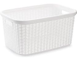 Plasticforte Wasmand - 35 liter - rotan - wit - kunststof - 53 x 36 x 26 cm - draagmand - met handvatten - lichtgewicht