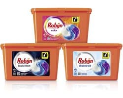 Robijn Color, Black Velvet en Stralend Wit 3-in-1 Wascapsules Pakket voor gekleurde, zwarte en witte was - 3 x 15 wasbeurten - Robijn