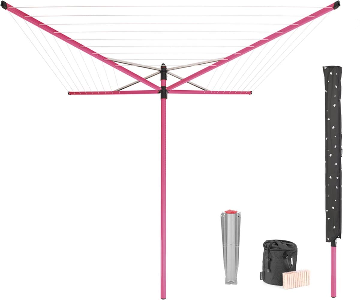 Brabantia Lift-O-Matic Droogmolen - met Metalen Grondanker, Beschermhoes, Wasknijpertasje en Wasknijpers - 50 m - Spring Pink — afbeelding 1