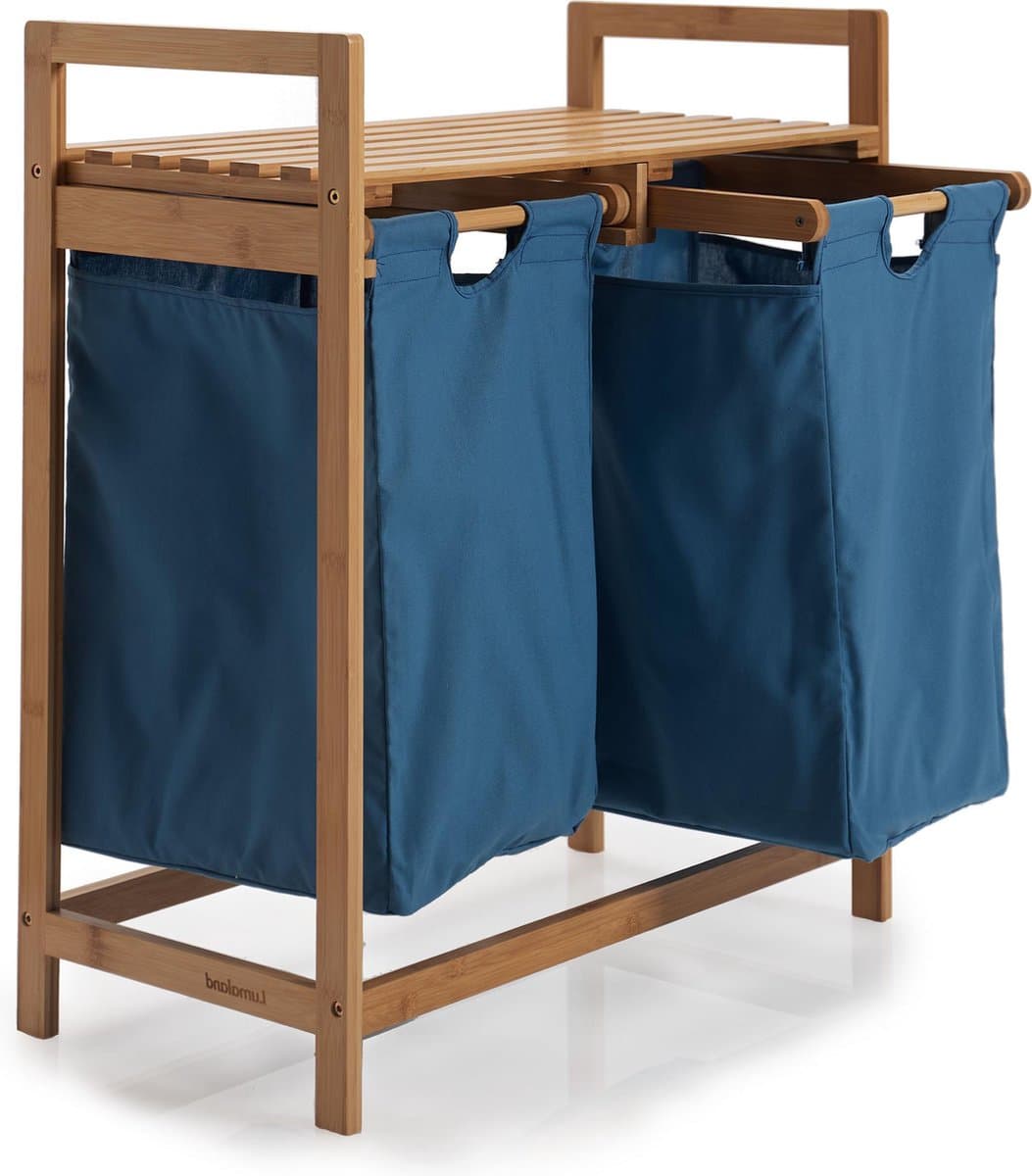 Lumaland Wasmand van bamboe - met 2 uitschuifbare waszakken - 60 L - Blauw — afbeelding 1