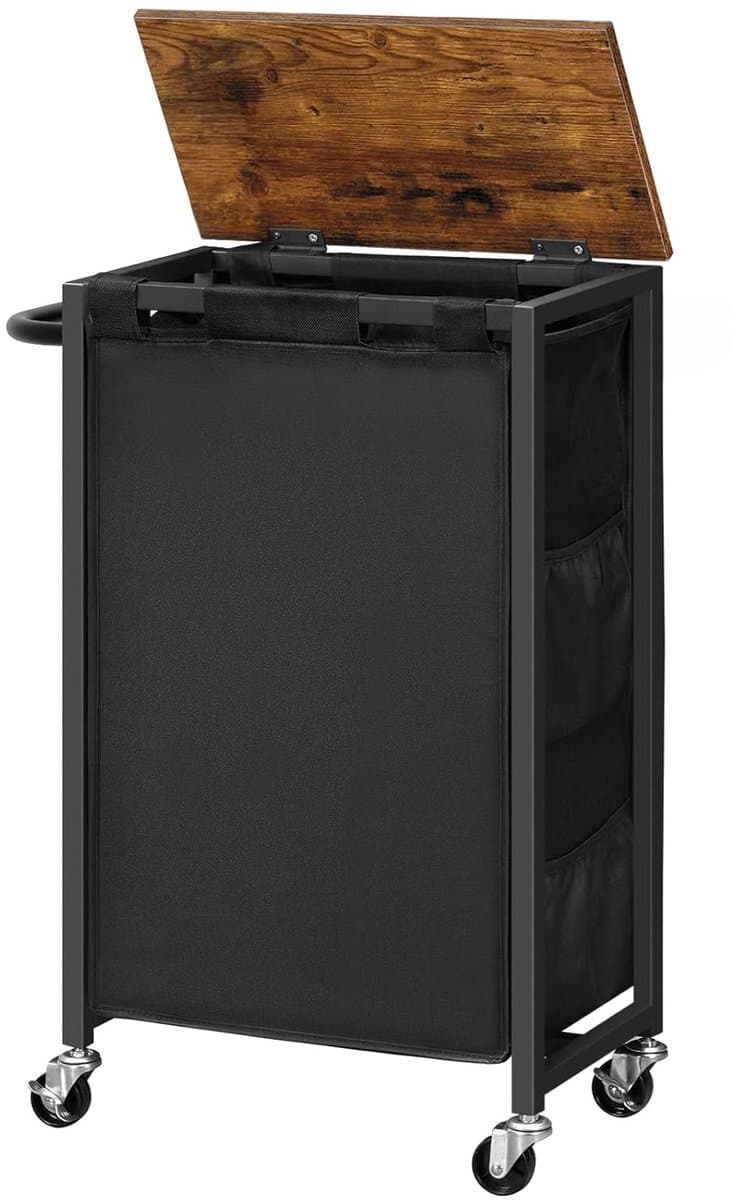TRANKIELO® - Wasmand met Deksel en Wielen – Ruimtebesparend – Vintage Bruin en Zwart – 43,4 L Capaciteit – Oxford-Stof Tas — afbeelding 1