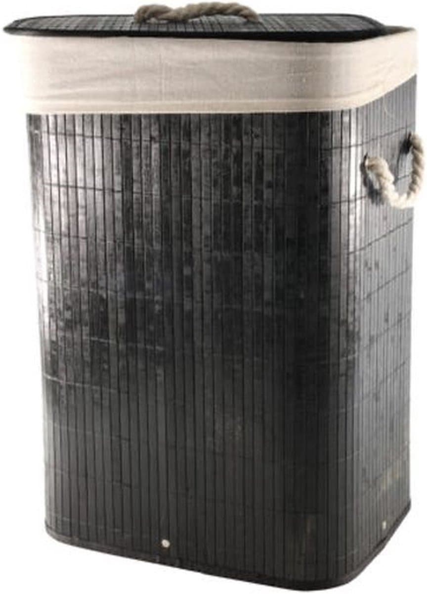 Wasmand - bamboe hout - met deksel - zwart - 30 x 40 x 57 cm - verwijderbare waszak — afbeelding 1