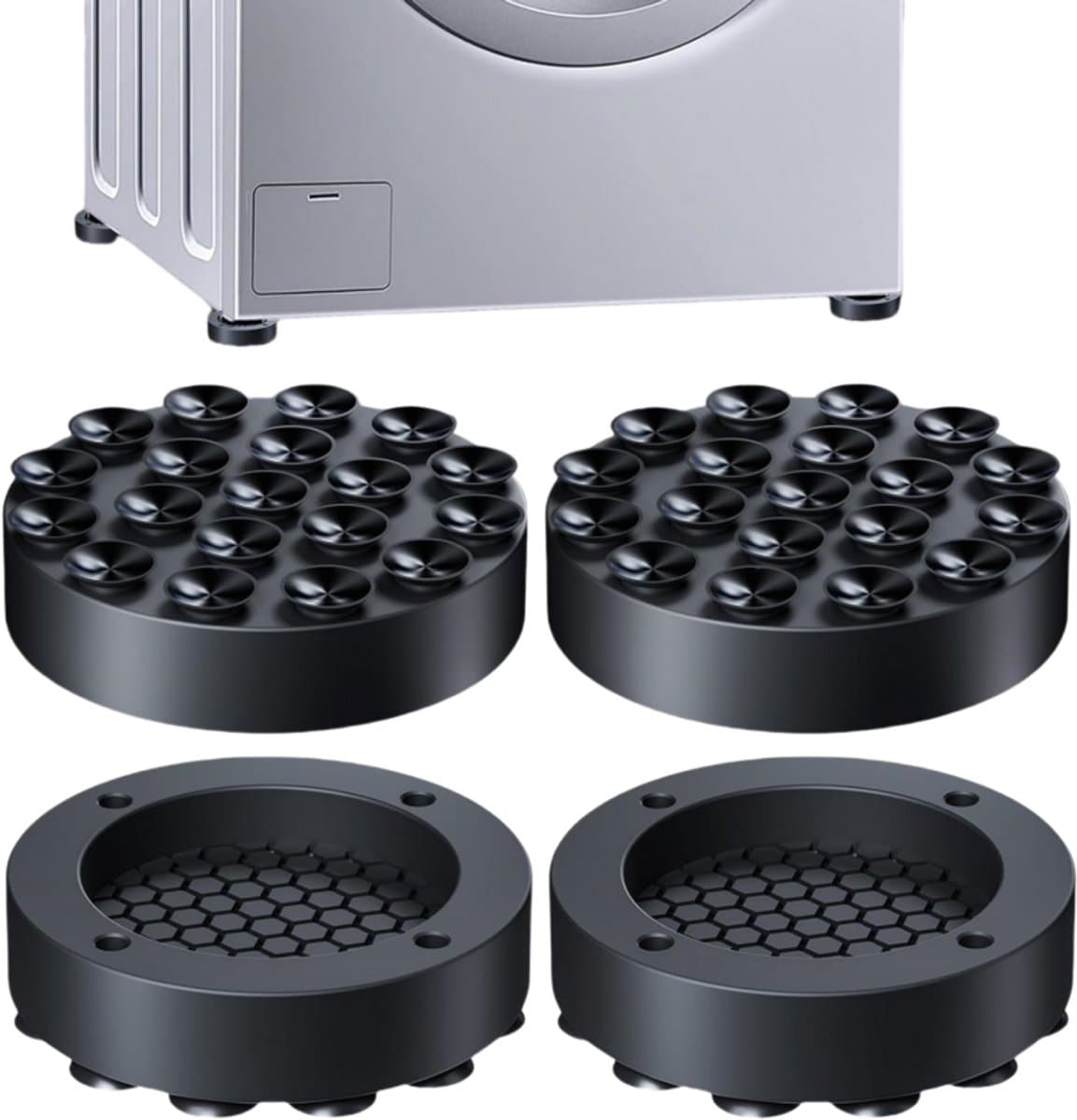4-Pack antislip rubberen stabilisatoren, anti-kras- en bedwielstoppers, wasmachine anti-vibratie pads met sterke adsorptie zuignappen voor wasmachines en drogers (zwart) — afbeelding 1
