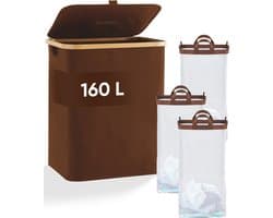 DARI. - Wasmand 3 vakken - Wassorteerder - 160L - met 3 uitneembare zakken - wasmand - bruin - knopen — afbeelding 1