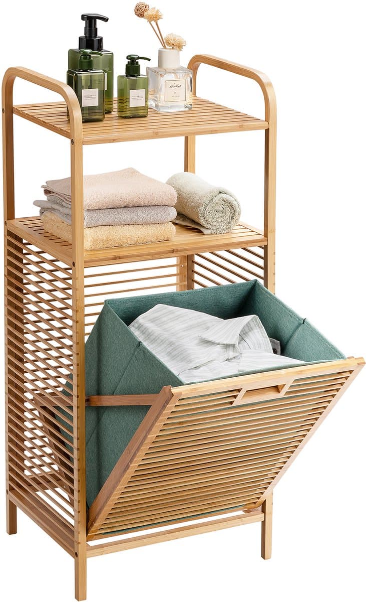 COSTWAY Badkamermeubel met schommelwasmand en 2 opbergplanken, afneembare Oxford-voering, voor woonkamer, keuken van bamboe en canvas (40,5 x 33 x 95,5 cm) — afbeelding 1