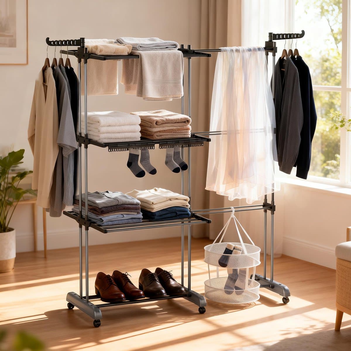 Soontrans Metalen Wasrek Met Wielen – Inklapbaar & Uitschuifbaar, 3 Verdiepingen Droogtoren 66x50x170cm, Multifunctioneel Voor Binnen/Buiten/Balkon, Stevig en Langleven, Inclusief 2 Sokkenclips en 1 Dubbellaagse Droogmand (Grijs) — afbeelding 1