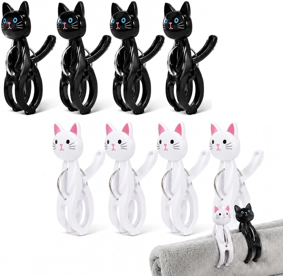 Wasknijpers in kattendesign, groot en robuust, antislip, perfect voor het ophangen van dekens, gordijnen en handdoeken, praktisch voor thuis en op reis — afbeelding 1
