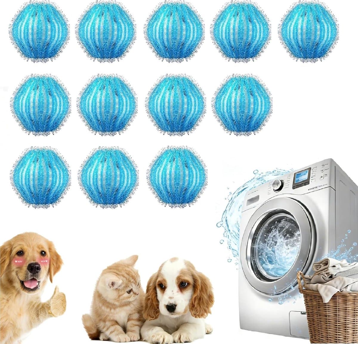 Haarvanger voor de wasmachine, 12 stuks herbruikbare wasballen tegen dierenharen en pluis, elastische wasballetjes voor honden- en kattenharen, blauw wit — afbeelding 1