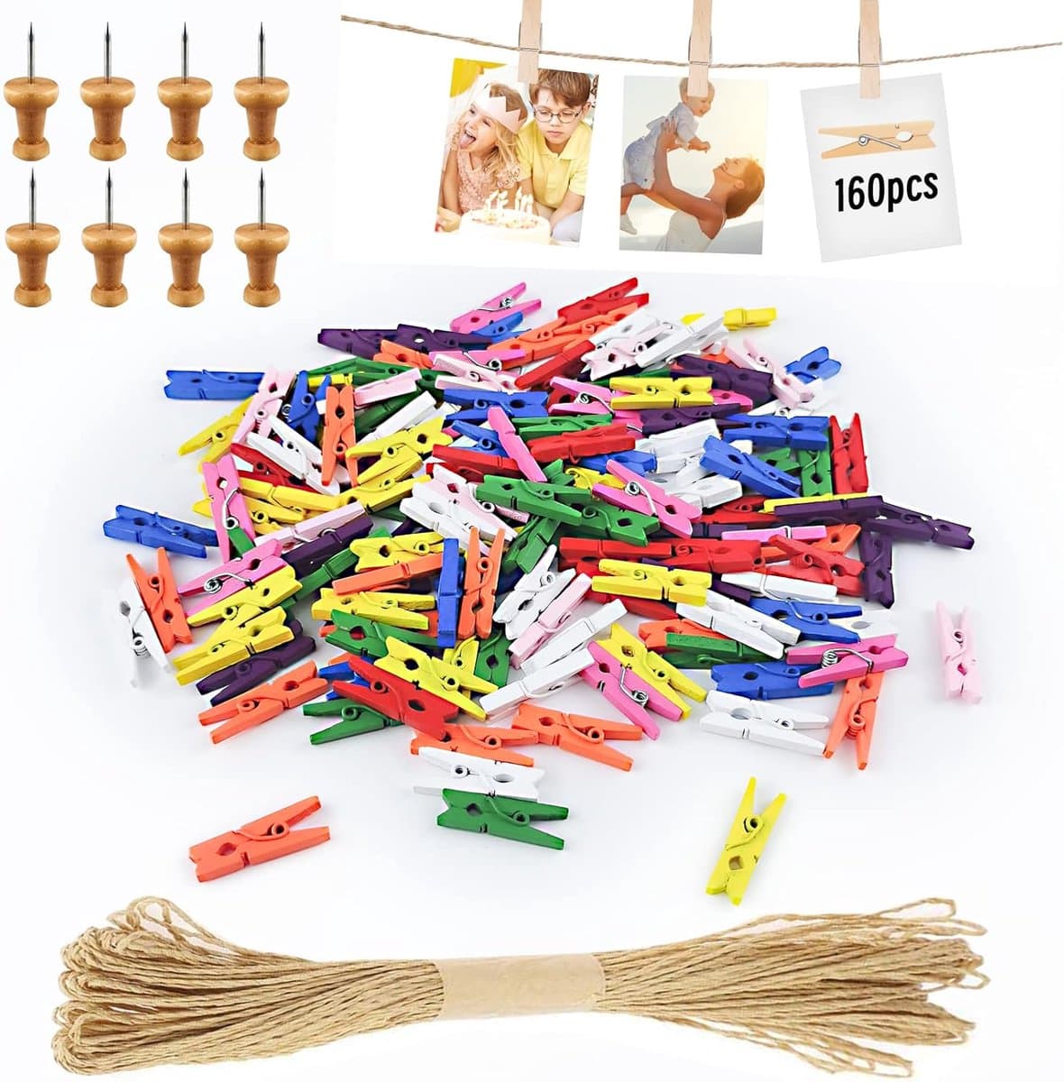 Allecto plus - Mini-houten knijpers (168 stuks) voor bruiloft en fotowand met jute koord - DIY display feest (Kleur) — afbeelding 1