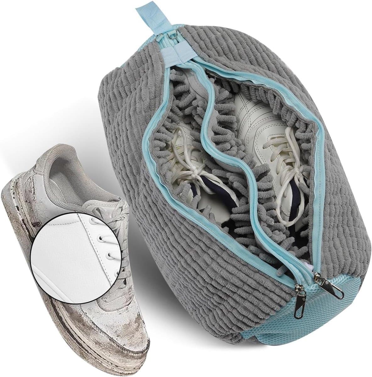 Schoenwaszak voor de wasmachine: dubbele rits, dubbele vakken, beschermende tas voor optimale reiniging en onderhoud van schoenen — afbeelding 1
