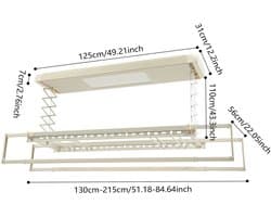Lunekiss Elektrisch Plafond Droogrek 130-215 cm – LED – Afstandsbediening – Hoogte verstelbaar 110 cm – 35 kg Off-white