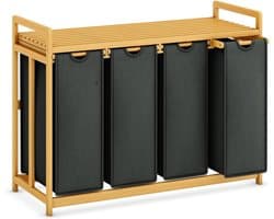 Core® Wassorteerder 4 vakken - Wasmand 4 vakken 200 Liter - Wasmand Met Opbergplank – Grijs - 81cm x 42cm x 80cm