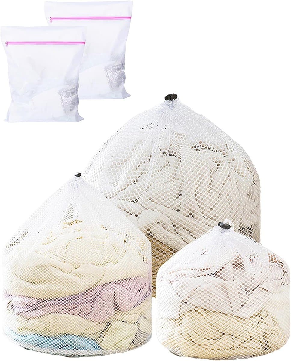 Pack of 5 - Herbruikbare Waszakken met Trekkoord - Chunky Net voor Jassen, Broeken, Beha's, Ondergoed, Breiwerk — afbeelding 1