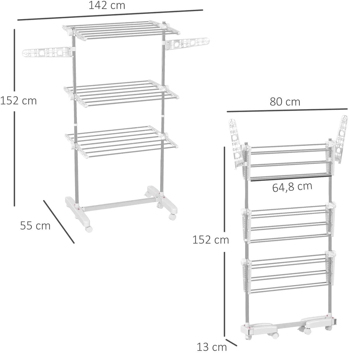 Pugsdrly Mobiele droogrek, wasdroger, 3 niveaus, inklapbaar, zilver + wit — afbeelding 1