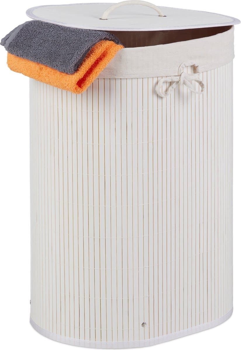 wasmand bamboe - 46 l - ovaal - opvouwbaar - met deksel en waszak - wit — afbeelding 1