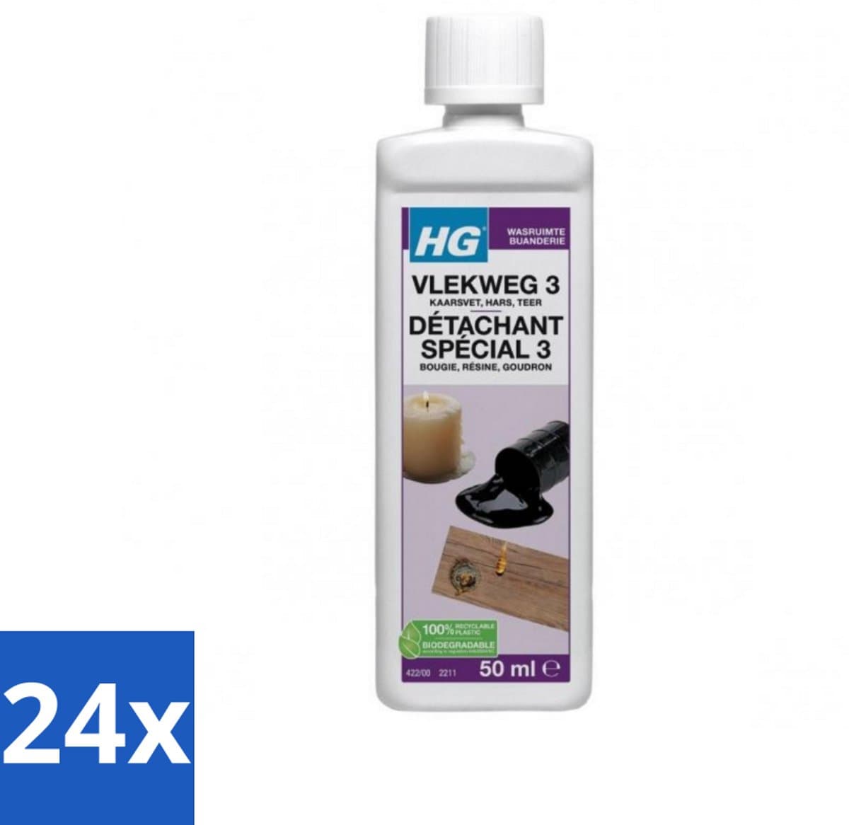 24 x HG - Wasruimte - Vlekweg 3 - Kaarsvet, Hars & Teer - 50 ml - Vlekkenverwijderaar - Kaarsvet Vlekken - Teer Vlekken - Hars Vlekken - Textiel Reiniging — afbeelding 1