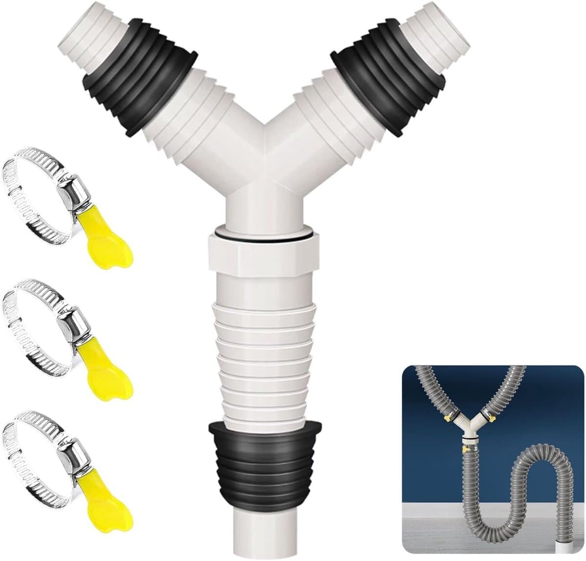T-Stuk voor Afvoerslang - Afvoer Splitter - Inclusief 3 Slangklemmen - Anti Terugstroming - Dubbele Afvoer - Universeel - Voor Afvoerslangen Van 1 Tot 1 1/4 Inch - Voor Wasmachines, Airco's en Vaatwassers - Wit — afbeelding 1
