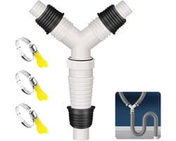 T-Stuk voor Afvoerslang - Afvoer Splitter - Inclusief 3 Slangklemmen - Anti Terugstroming - Dubbele Afvoer - Universeel - Voor Afvoerslangen Van 1 Tot 1 1/4 Inch - Voor Wasmachines, Airco's en Vaatwassers - Wit