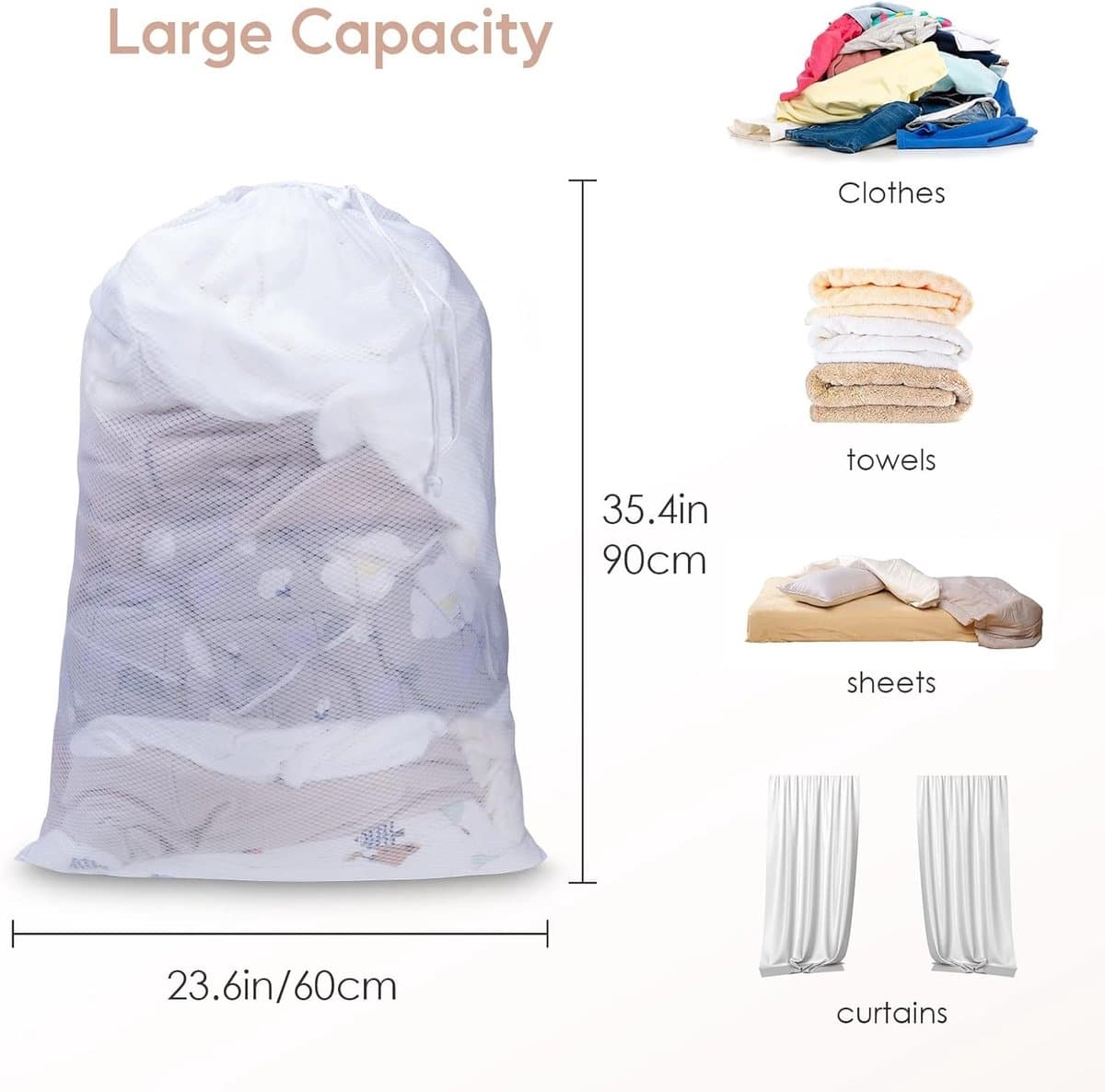 SnelShoppen - 1 Pcs Trekkoord Waszak, 70x90cm Mesh Waszak voor Delicate Kleding, Robuuste Netwaszak voor Wasmachine, Zwart, Ideaal voor Ondergoed en F — afbeelding 1