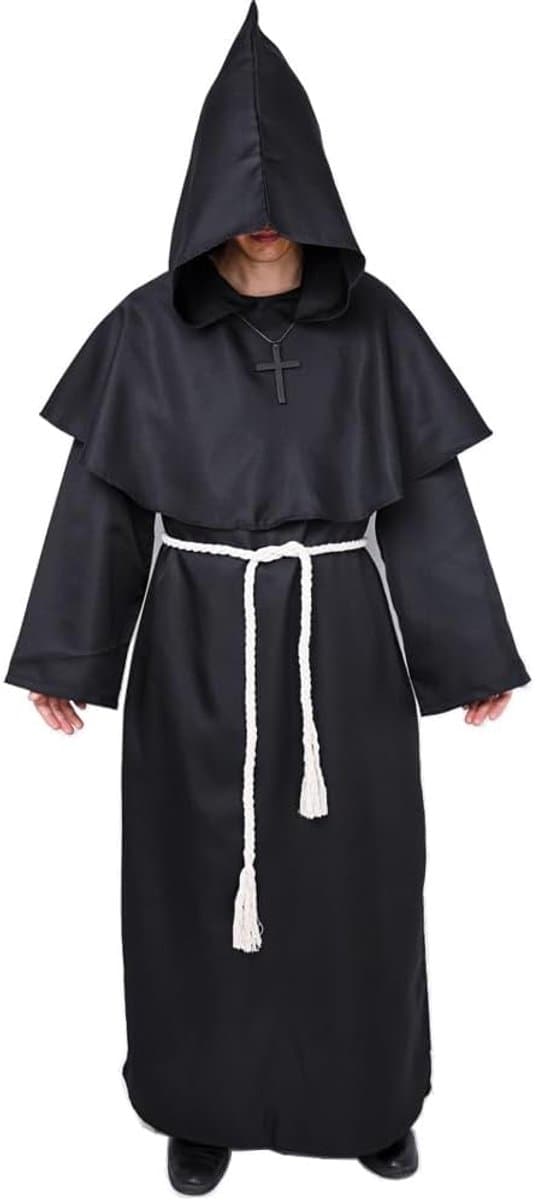 Halloween Kostuum Heren, Carnavalskostuum Mannen Carnaval Kostuum | Middeleeuwse Mantel met Capuchon Carnaval Kostuum Kleding Middeleeuwse Kleding voor Heren Volwassenen (Zwart, L) — afbeelding 1