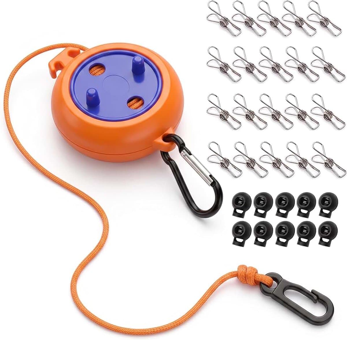 Waslijn, 10 m, uittrekbaar, reiswaslijn met 20 roestvrijstalen wasknijpers en 10 stoppers, winddicht, outdoor waslijn voor camping, camper, caravan, balkon en vakantie, oranje — afbeelding 1