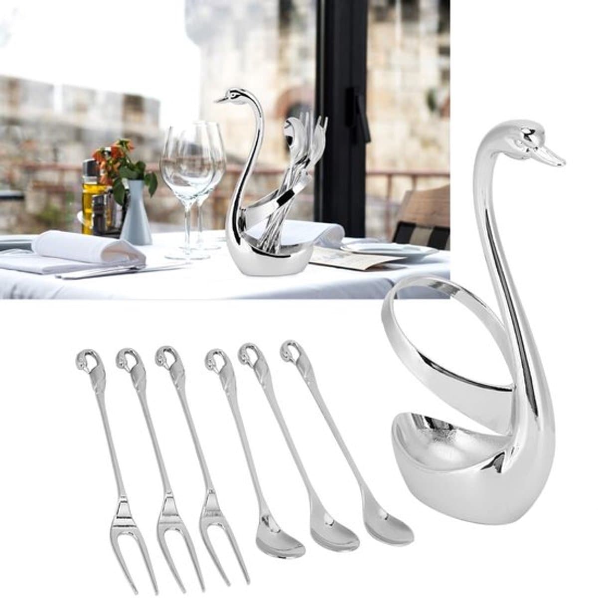 Elegante Zilveren Taartvorken met Zwanenhouder en Lepelhouder, Ideaal — afbeelding 1