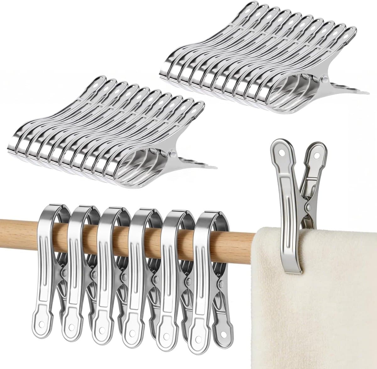 SnelShoppen - Pack van 20 Grote Strandhanddoek Clips - RVS Kledingknijpers voor Beddegoed - Multifunctionele Drogen Clips voor Camping, Tuin en Feest — afbeelding 1