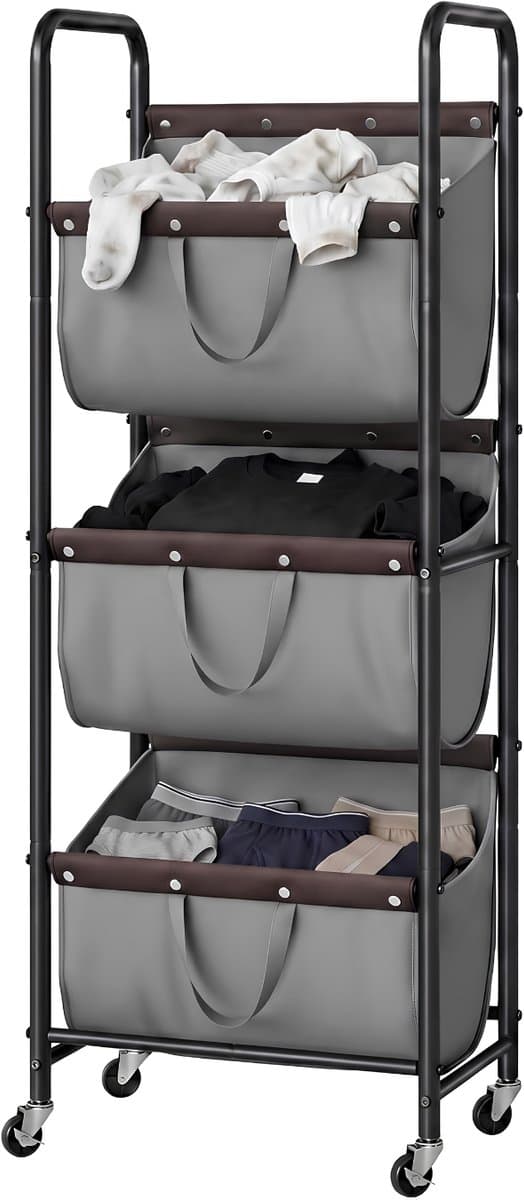 JCP® Wasmand - Wasmand 3 Vakken - Wasmanden - Grijs - 53cm x 33cm x 139cm — afbeelding 1