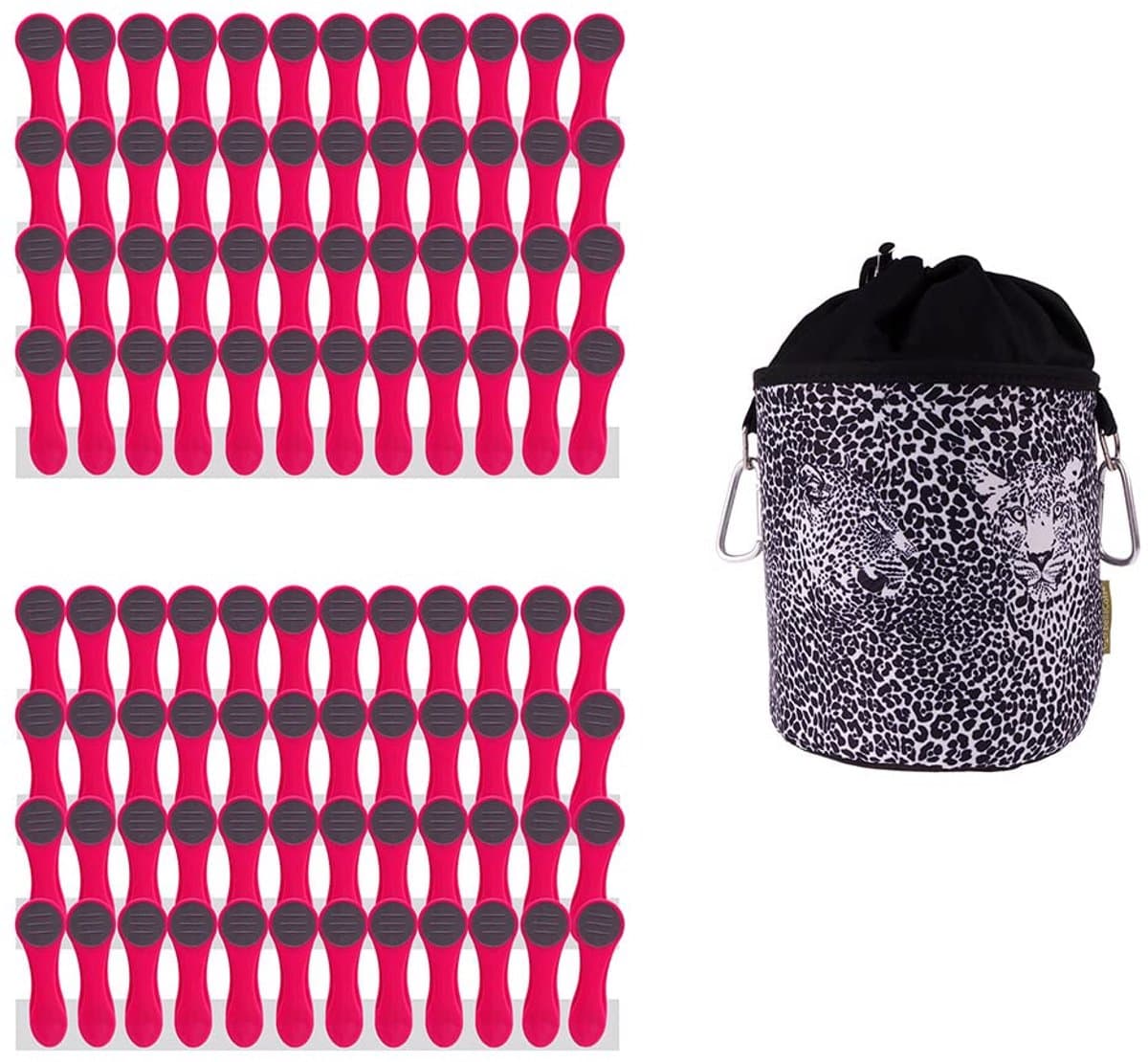 96 wasknijpers roze met roestvrijstalen veren en 1 design BellaCott wasknijperzak van katoen, luipaard — afbeelding 1