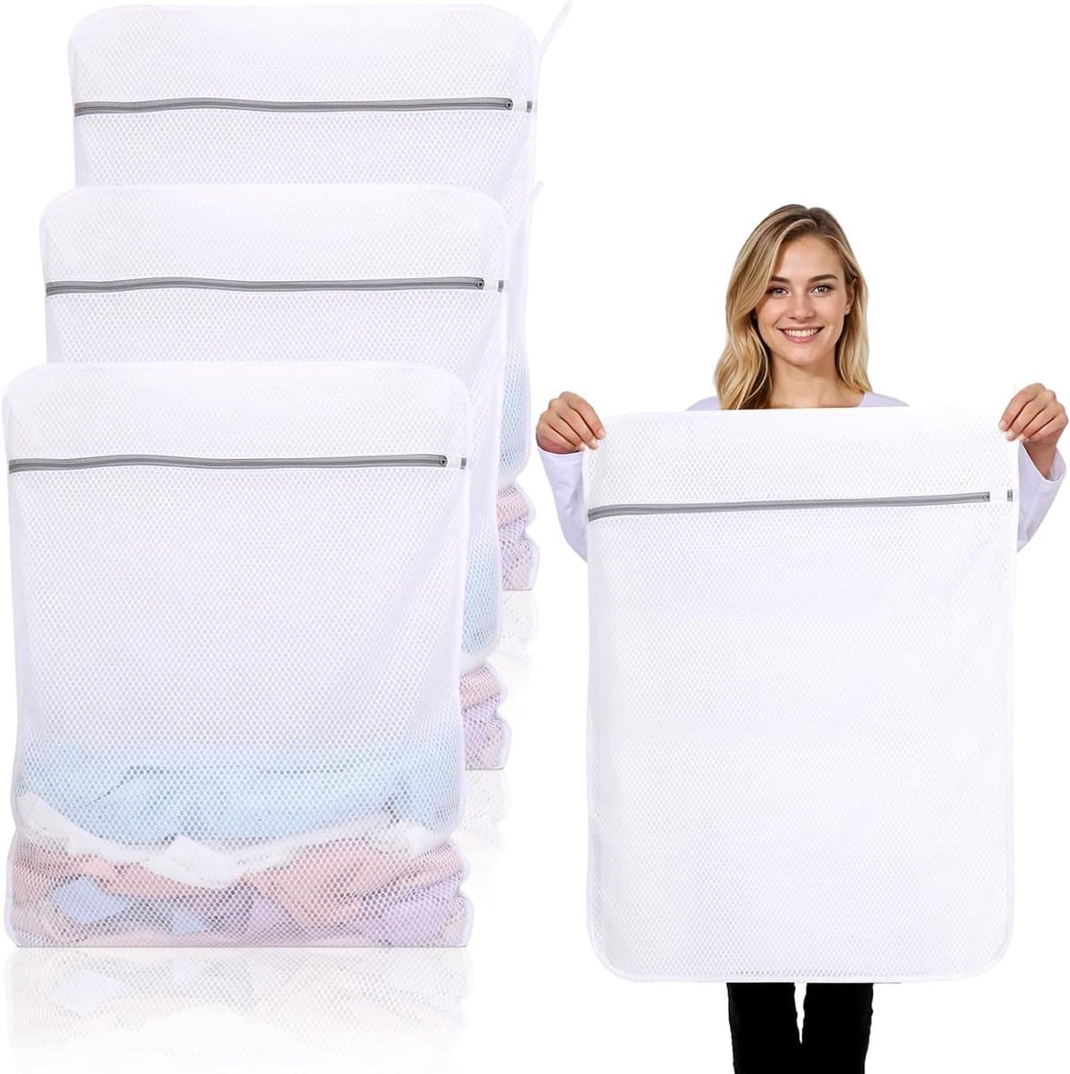 3 Stuks Duurzame Honingraat Grote Mesh Waszakken voor Delicates met Rits, Herbruikbare Waszakken voor Kleding, Sokken, Ondergoed en Reisorganizer (60x81cm) — afbeelding 1