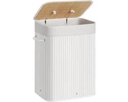 SONGMICS Wasmand met deksel (LCB010W01), 72 l, wasmand van bamboe, opvouwbaar, met afneembare wasbare zak, handgrepen, voor bijkeuken, slaapkamer, wit, 40 x 30 x 60 cm (L x B x H)