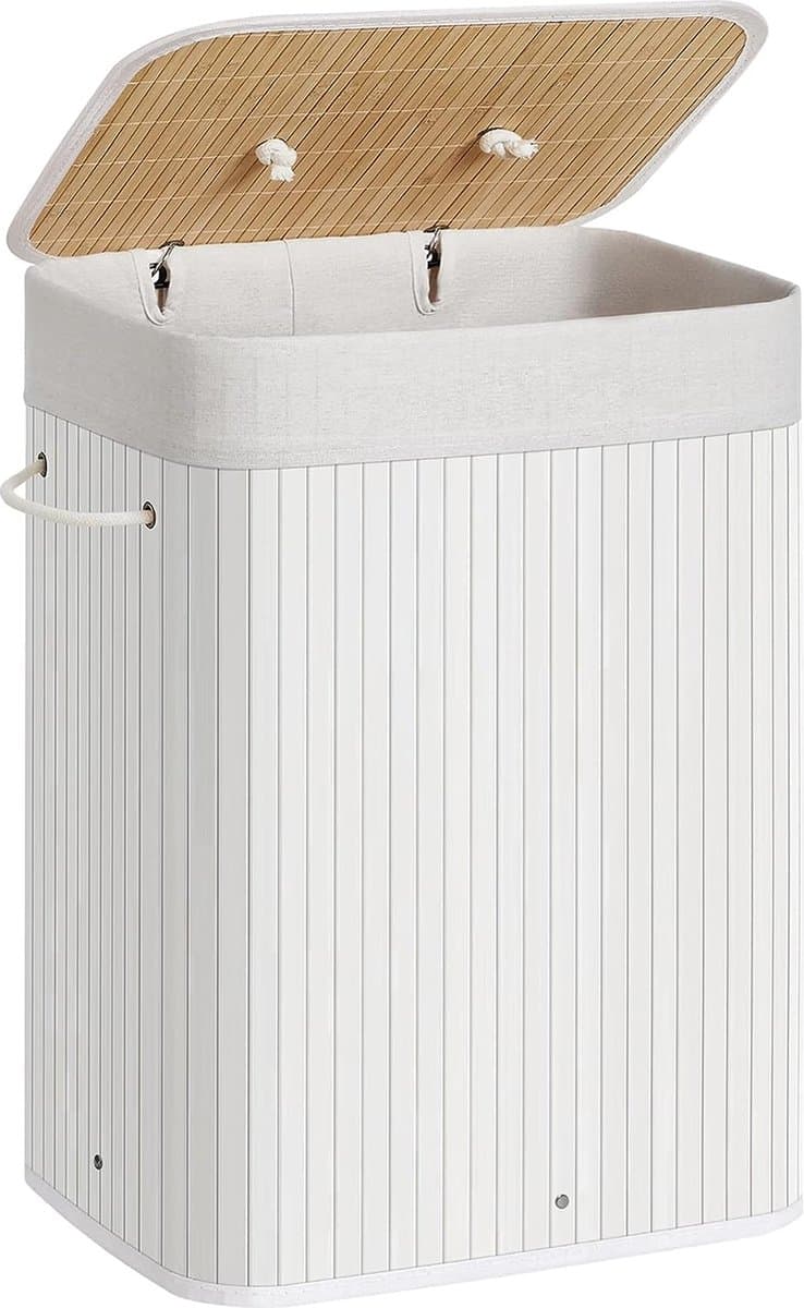 SONGMICS Wasmand met deksel (LCB010W01), 72 l, wasmand van bamboe, opvouwbaar, met afneembare wasbare zak, handgrepen, voor bijkeuken, slaapkamer, wit, 40 x 30 x 60 cm (L x B x H) — afbeelding 1
