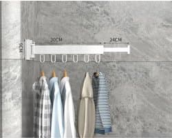 Wanddroogrek Inklapbaar 6 Haken - Droogrek Muur Wandmontage Ophangbaar - Clothes Rack Uitschuifbaar + Montage Kit - Wit
