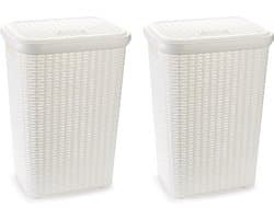 Plasticforte Wasmand met deksel - 2x stuks - 60 liter - wit - rotan - kunststof - L35 x B43 x H62 cm