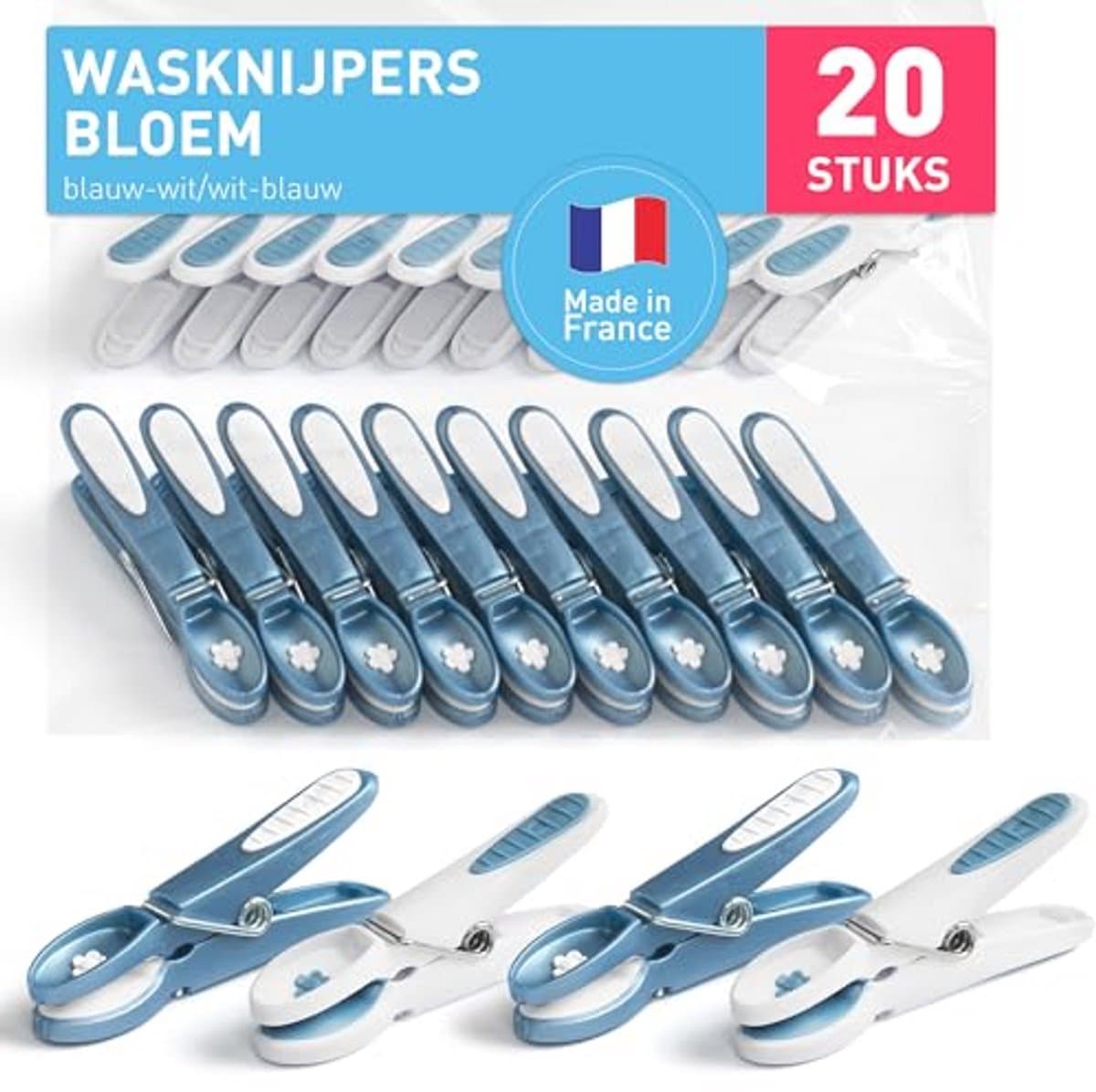 Bloem Wasknijpers 20 Stuks in Blauw en Wit - Knijpers voor Kleding en Huishouden — afbeelding 1