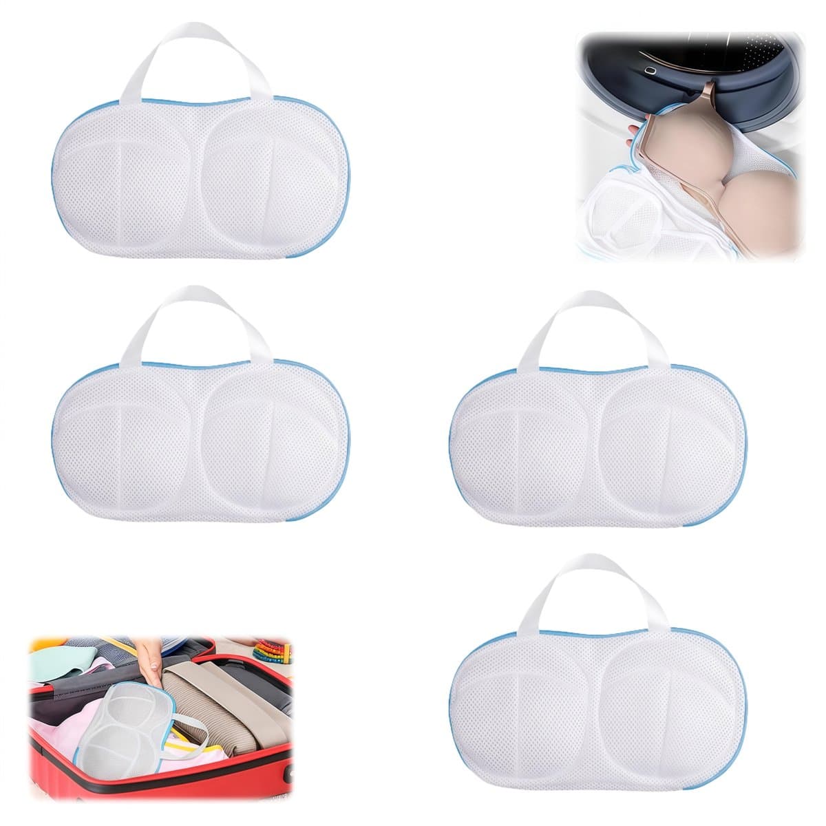 4 stuks - Dames BH-waszak - BH-tas - BH-waszak - Waszak van mesh - Ritssluiting - Dubbele laag stretch mesh - Anti-deformatie - Fijne mesh - 32,5 x 21 cm - Blauw - Wasmachinebestendig — afbeelding 1