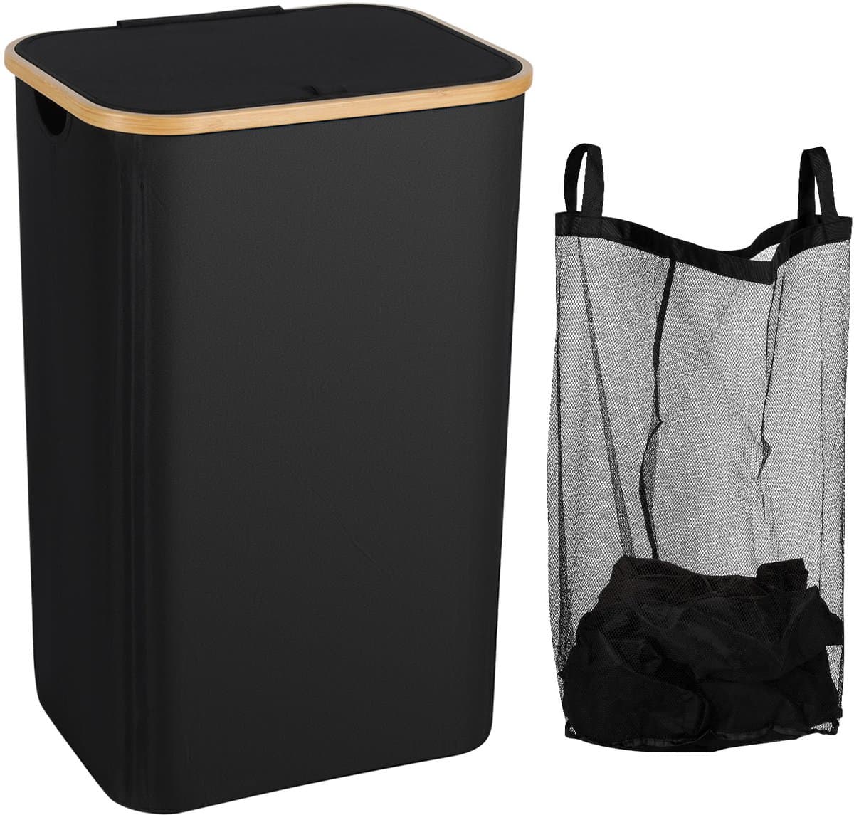 Wasmand , Waszakken ,Natuurlijk Bamboe Wasmand met Deksel, 100L Zwart — afbeelding 1