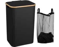 Wasmand , Waszakken ,Natuurlijk Bamboe Wasmand met Deksel, 100L Zwart