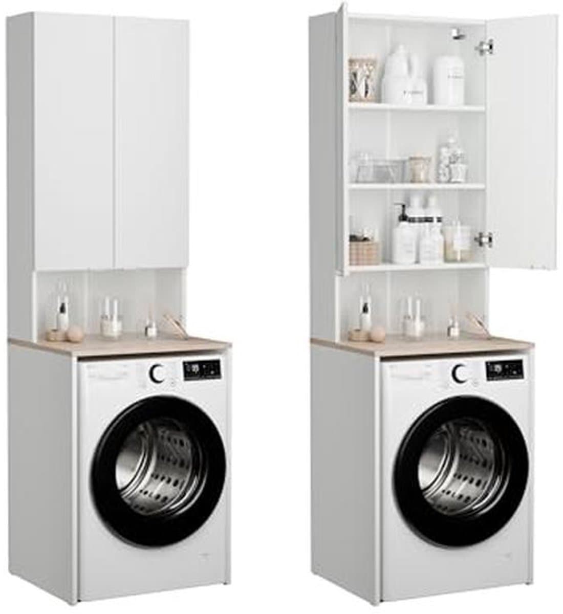 Wasmachinekast voor Badkamer of Keuken - Hoge Kast met Bovenbouw voor Wasmachine en Wasdroger - Wit en Eiken - 210 x 65 x 50/25 cm — afbeelding 1